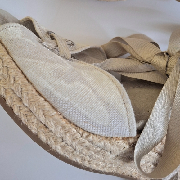 Prada Espadrille Wedge Heels Peep Toe Sandals Size 8.5 Beige/White Leather Upper - Picture 7 of 12
